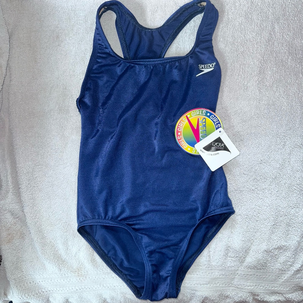 NWT Girl’s Size 8 Speedo Navy Blue One Piece Racerback Bathing Suit